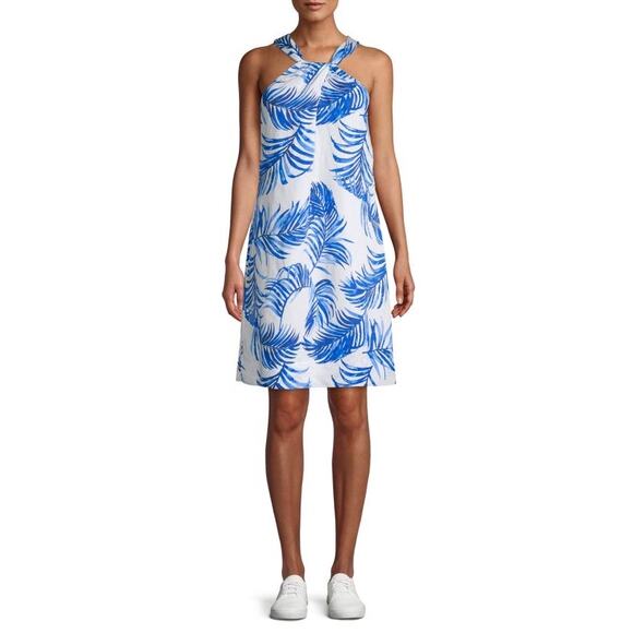 TOMMY BAHAMA Fuller Fronds A-Line Halter Neck Dress Linen Blend Cobalt Sea sz M - Picture 1 of 10